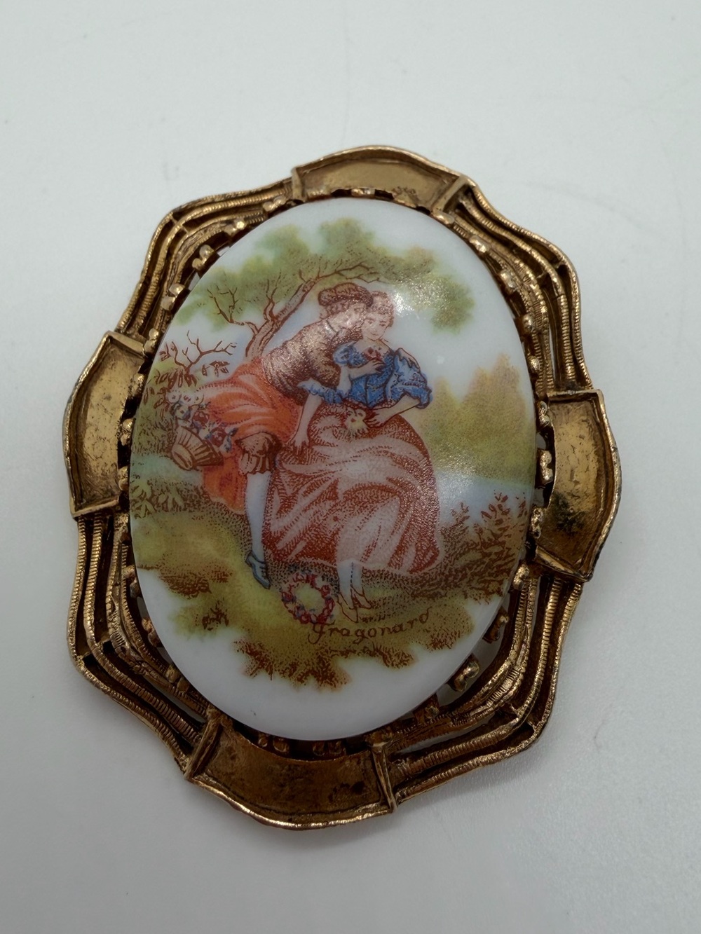 Vintage gold tone painted porcelain Limoge brooch